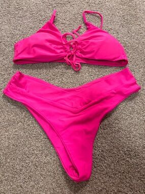 Amazon Hot Pink Lace-Up Bikini Set Swim